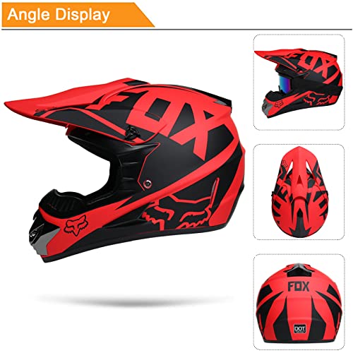 KILCVEM Cascos Moto Niños Adultos Casco Motocross con Gafas Guantes Máscara Red elástica Casco Cross Integral para MTB Quad Bike Enduro Equipo Protección - con Diseño Fox - Negro Mate Rojo,M