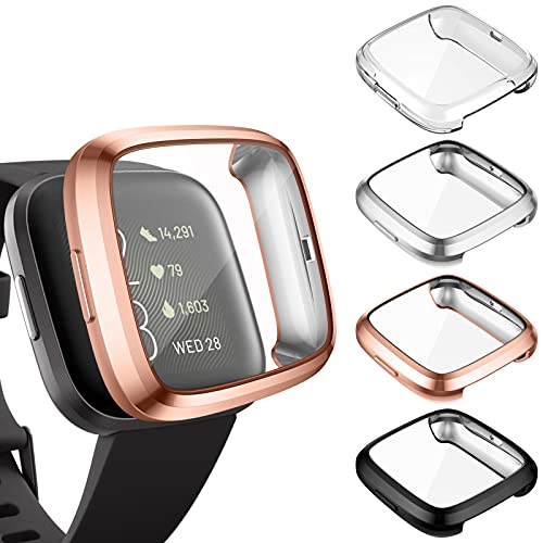 KIMILAR Funda Compatible con Fitbit Versa 2 Protector de Pantalla (NO para Versa/Versa Lite/SE), [4 Pack] Suave TPU Cubierta Cover Case para Versa 2 Smartwatch, Negro/Oro Rosa/Plata/Claro
