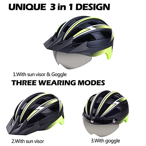 KINGLEAD Casco Bicicleta Adulto, Casco de Bicicleta Hombre Mujer Montaña con Luz LED Recargable por USB y Gafas Magnéticas Desmontable, Casco de Ciclismo Superligero Ajustable con Certificación CE