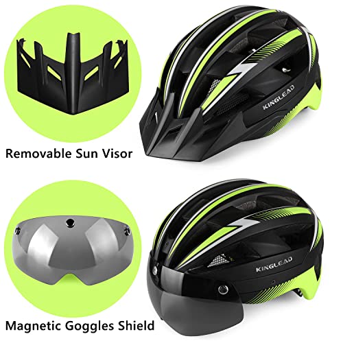 KINGLEAD Casco Bicicleta Adulto, Casco de Bicicleta Hombre Mujer Montaña con Luz LED Recargable por USB y Gafas Magnéticas Desmontable, Casco de Ciclismo Superligero Ajustable con Certificación CE