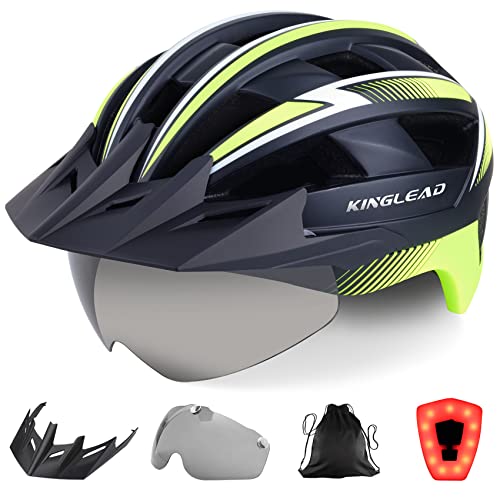 KINGLEAD Casco Bicicleta Adulto, Casco de Bicicleta Hombre Mujer Montaña con Luz LED Recargable por USB y Gafas Magnéticas Desmontable, Casco de Ciclismo Superligero Ajustable con Certificación CE