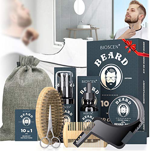 Kit Cuidado Barba para Hombre 10pcs, con Champú Barba, Aceite Barba, Bálsamo Barba, Cepillo Barba, Peine Barba, Plantilla Barba, Tijeras Barba, Delantal Barba, Bolsa, Regalos Originales para Hombre