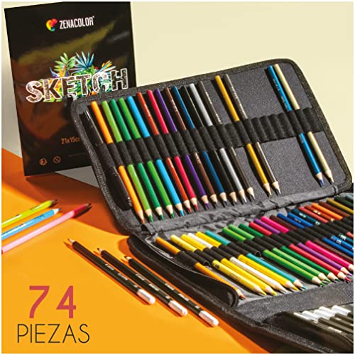 Kit Dibujo Completo 74 piezas - Principiantes o profesionales, Estuche de 24 Lapices acuarelables, 12 lapices colores 12 lapices metálicos 12 lapices de dibujo y Accesorios - 1 Cuaderno dibujo