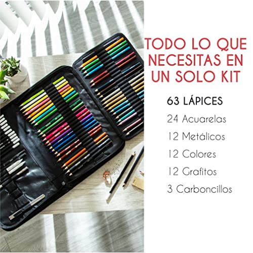 Kit Dibujo Completo 74 piezas - Principiantes o profesionales, Estuche de 24 Lapices acuarelables, 12 lapices colores 12 lapices metálicos 12 lapices de dibujo y Accesorios - 1 Cuaderno dibujo