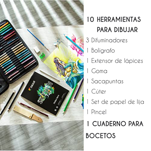 Kit Dibujo Completo 74 piezas - Principiantes o profesionales, Estuche de 24 Lapices acuarelables, 12 lapices colores 12 lapices metálicos 12 lapices de dibujo y Accesorios - 1 Cuaderno dibujo