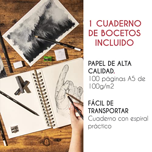 Kit Dibujo Completo - Principiante/Profesional - 19 accesorios: 8 Lapices, 3 lapiz carboncillo, 1 Grafito, 2 Barra Carboncillo, Cuaderno dibujo 100 págs - Regalo ideal para artistas de cualquier Nivel