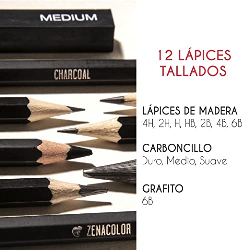 Kit Dibujo Completo - Principiante/Profesional - 19 accesorios: 8 Lapices, 3 lapiz carboncillo, 1 Grafito, 2 Barra Carboncillo, Cuaderno dibujo 100 págs - Regalo ideal para artistas de cualquier Nivel