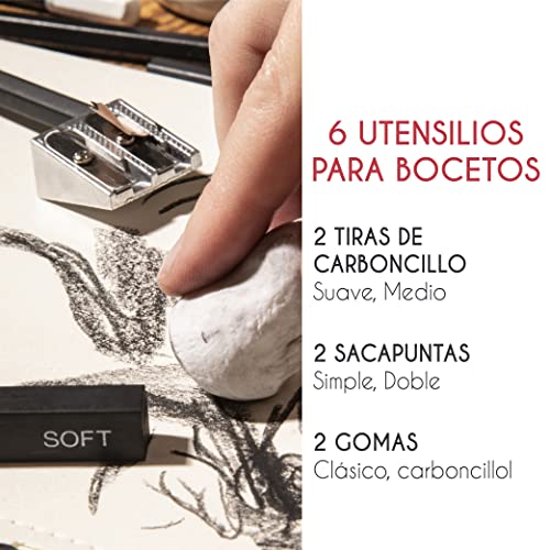 Kit Dibujo Completo - Principiante/Profesional - 19 accesorios: 8 Lapices, 3 lapiz carboncillo, 1 Grafito, 2 Barra Carboncillo, Cuaderno dibujo 100 págs - Regalo ideal para artistas de cualquier Nivel