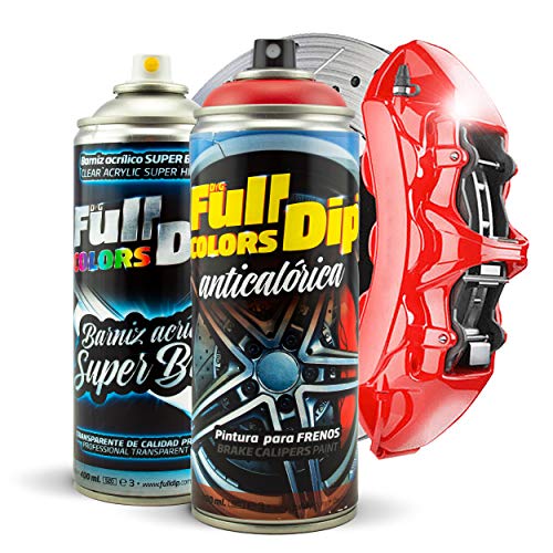 Kit Pintura para Pinzas de Freno Super Brillo en Spray 400ml (x1 Spray Pintura + x1 Spray Barniz Brillo) - Fácil aplicación - Acabado Profesional (11 Colores a Elegir) (Rojo)