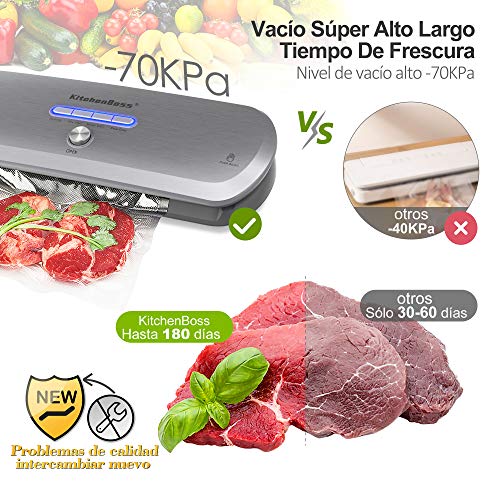 KitchenBoss Envasadora Máquina Selladora de Vacío para Alimentos Secos y Húmedos Preservación Sistema de Sellado Automático por Vacío,Luces Indicadoras LED Inteligentes, Función de Vacío Manual