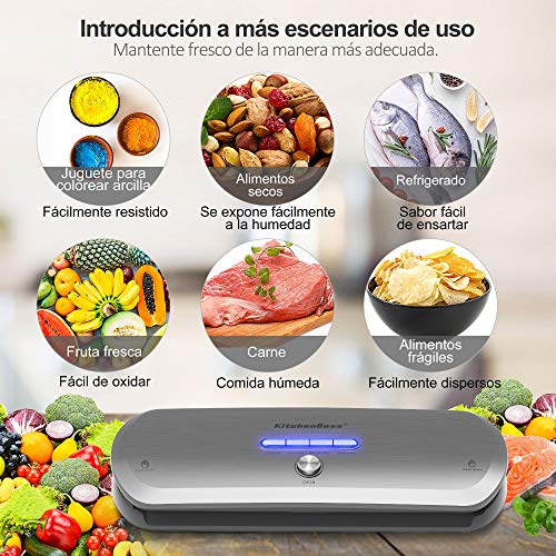 KitchenBoss Envasadora Máquina Selladora de Vacío para Alimentos Secos y Húmedos Preservación Sistema de Sellado Automático por Vacío,Luces Indicadoras LED Inteligentes, Función de Vacío Manual