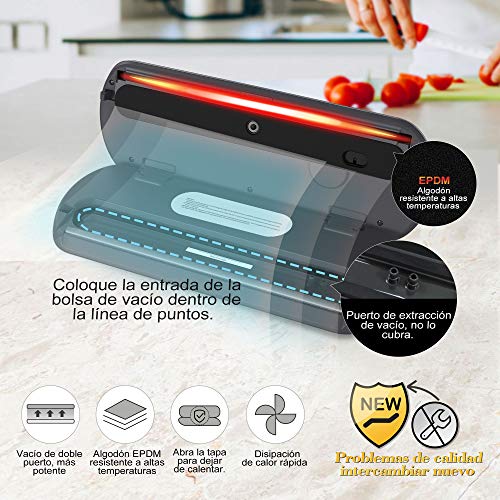 KitchenBoss Envasadora Máquina Selladora de Vacío para Alimentos Secos y Húmedos Preservación Sistema de Sellado Automático por Vacío,Luces Indicadoras LED Inteligentes, Función de Vacío Manual