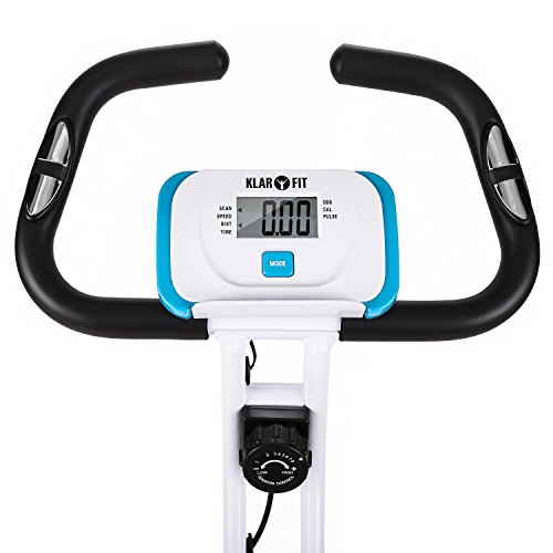 Klarfit Azura - Bicicleta Estática, Bici fija con Ordenador de Entrenamiento, Medidor de pulso, 8 Niveles de Resistencia, Volante inercia 3 kg, Peso Máx. 100 kg, Blanco