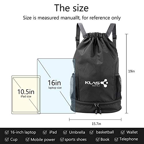 KLAS REMO Mochila Deportiva,Mochila de Deporte Mochila de Gimnasia Mochila de Cuerda Unisex para Playa Gimnasio Viaje Escuela Acampada -Negro