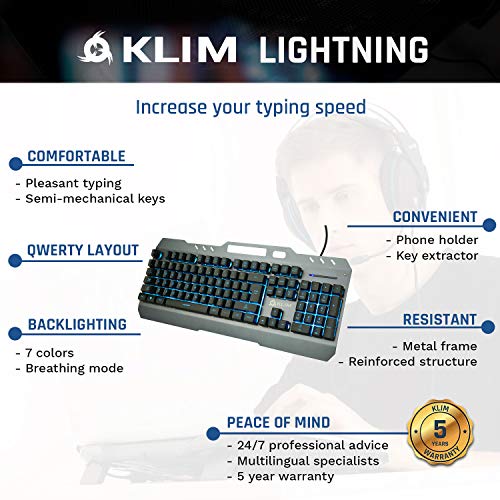 ⭐️KLIM Teclado QWERTY - Nueva Versión - Teclado Híbrido Semi-Mécanique + Elección de 7 Colores + GARANTÍA 5 Años - Estructura de Metal - Teclado Gamer Gaming Juegos Video PC PS4 Windows, Mac