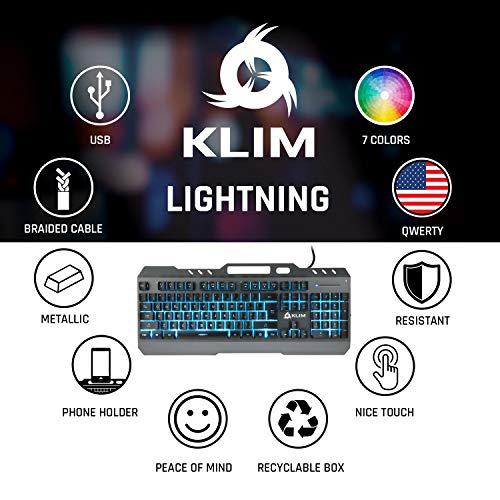 ⭐️KLIM Teclado QWERTY - Nueva Versión - Teclado Híbrido Semi-Mécanique + Elección de 7 Colores + GARANTÍA 5 Años - Estructura de Metal - Teclado Gamer Gaming Juegos Video PC PS4 Windows, Mac