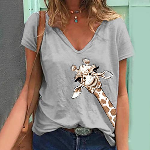 Kolila - Camiseta con estampado de jirafa para mujer, informal, con cuello en V, diseño de animales