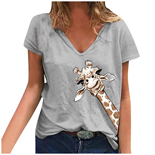 Kolila - Camiseta con estampado de jirafa para mujer, informal, con cuello en V, diseño de animales