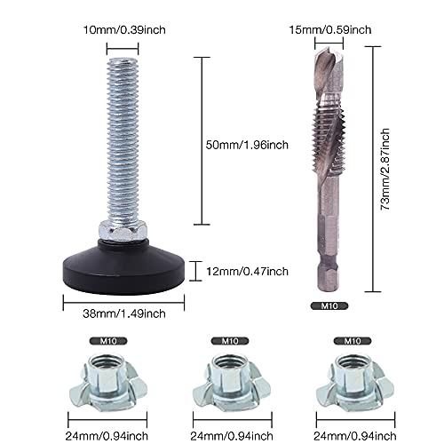 Komake Pie Nivelador para Mueble, con 1 Broca, Juego de 10 Piezas Pies de Nivelación m10 x 50mm Patas Regulables Base de Goma Tornillos de Ajuste de Patas de Muebles para Sillas de Mesa