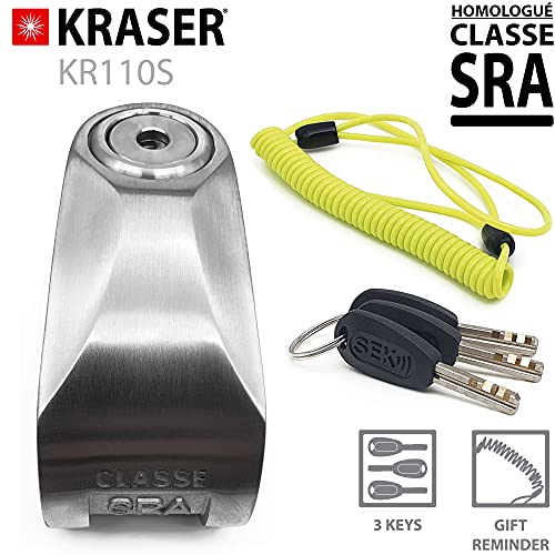 KRASER KR110S Candado Homologado Sra Antirrobo Disco Freno Moto 10mm Doble Cierre, 3 Llaves + Cable Recordatorio, Acero Inoxidable, 10 mm