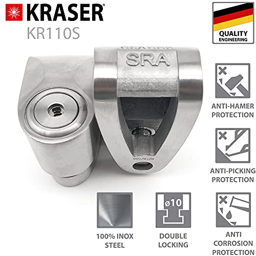 KRASER KR110S Candado Homologado Sra Antirrobo Disco Freno Moto 10mm Doble Cierre, 3 Llaves + Cable Recordatorio, Acero Inoxidable, 10 mm