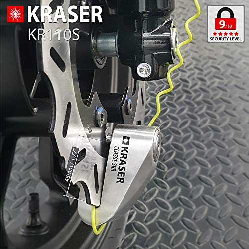 KRASER KR110S Candado Homologado Sra Antirrobo Disco Freno Moto 10mm Doble Cierre, 3 Llaves + Cable Recordatorio, Acero Inoxidable, 10 mm