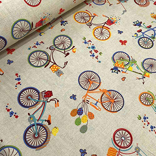 Kt KILOtela Tela de loneta Estampada - Retal de 100 cm Largo x 280 cm Ancho | Bicicletas, búhos - Multicolor, Beige ─ 1 Metro