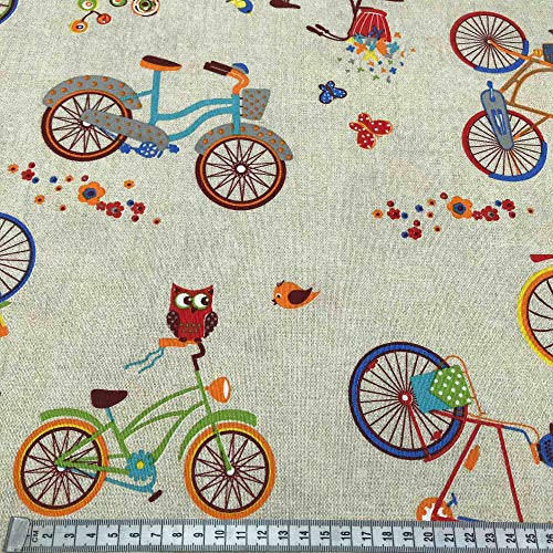 Kt KILOtela Tela de loneta Estampada - Retal de 100 cm Largo x 280 cm Ancho | Bicicletas, búhos - Multicolor, Beige ─ 1 Metro