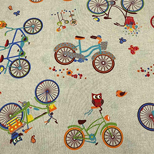 Kt KILOtela Tela de loneta Estampada - Retal de 100 cm Largo x 280 cm Ancho | Bicicletas, búhos - Multicolor, Beige ─ 1 Metro