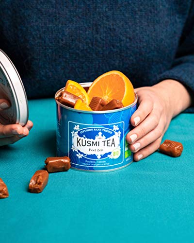 Kusmi Tea - Infusión Bio Feel Zen - Mezcla de Plantas y Manzana, Sabor a Naranja-Caramelo - Infusión de Rooibos Bio sin Teína, a granel - Lata de metal de 100 g