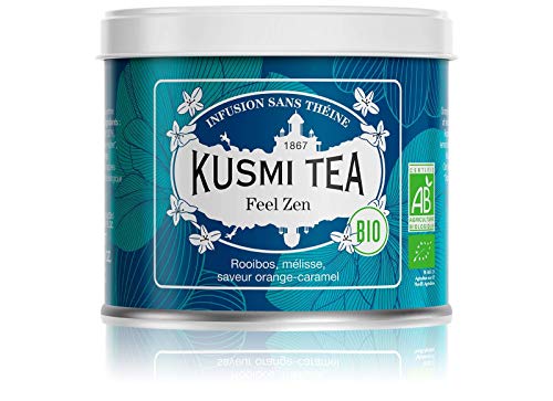 Kusmi Tea - Infusión Bio Feel Zen - Mezcla de Plantas y Manzana, Sabor a Naranja-Caramelo - Infusión de Rooibos Bio sin Teína, a granel - Lata de metal de 100 g