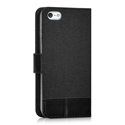 kwmobile Carcasa Compatible con Apple iPhone SE (1.Gen 2016) / 5 / 5S - Funda Protectora con Tapa Tarjetero y Soporte - Antracita/Negro