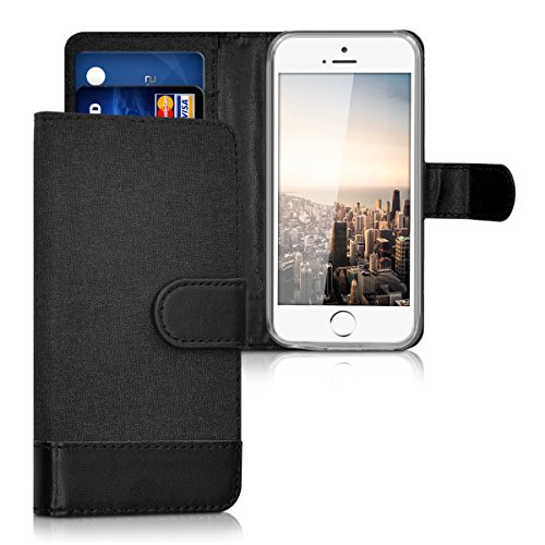 kwmobile Carcasa Compatible con Apple iPhone SE (1.Gen 2016) / 5 / 5S - Funda Protectora con Tapa Tarjetero y Soporte - Antracita/Negro