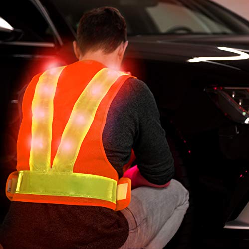 kwmobile Chaleco reflectante alta visibilidad - Chaleco de seguridad reflector naranja con luz LED roja - Tiras reflectantes para practicar deporte