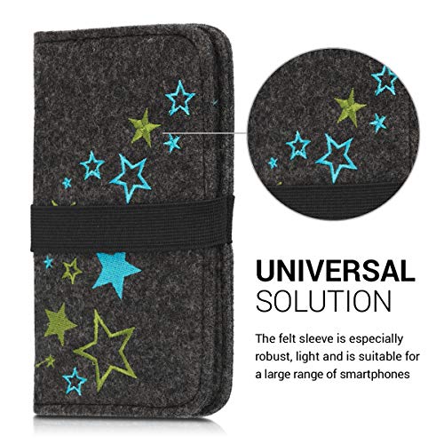 kwmobile Funda móvil Compatible con Smartphone - Carcasa de Fieltro Universal con Banda y Bolsillos Varias Estrellas Verde Claro/Azul/Gris Oscuro