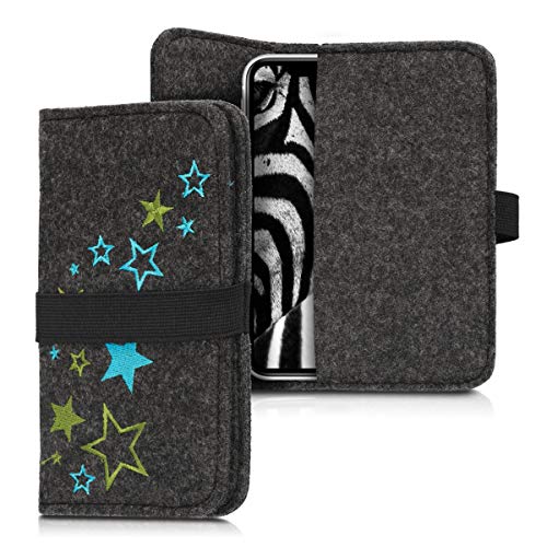 kwmobile Funda móvil Compatible con Smartphone - Carcasa de Fieltro Universal con Banda y Bolsillos Varias Estrellas Verde Claro/Azul/Gris Oscuro