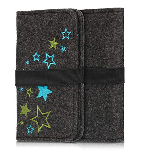 kwmobile Funda móvil Compatible con Smartphone - Carcasa de Fieltro Universal con Banda y Bolsillos Varias Estrellas Verde Claro/Azul/Gris Oscuro