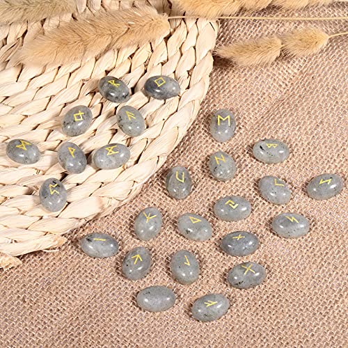 KYEYGWO - Lote de 25 piedras redondas ovaladas con símbolo del alfabeto dorado futhark, piedras de pulgar Reiki, para la decoración de la casa, meditación, divinación, labradorita