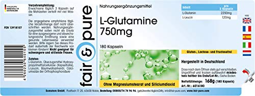 L-Glutamina en Cápsulas - Vegana - Aminoácido Glutamina 750mg - Polvo encapsulado - Neutra - Alta pureza - 180 Cápsulas