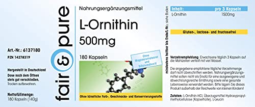 L-Ornitina 500mg - Aminoácido vegano - Altamente dosificado - Alta pureza - 180 Cápsulas