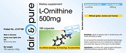 L-Ornitina 500mg - Aminoácido vegano - Altamente dosificado - Alta pureza - 180 Cápsulas