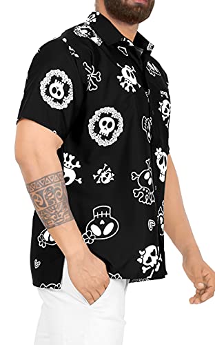 LA LEELA Casual Camisa de Hombre Hawaiana Manga Corta Bolsillo Delantero Playa Vintage Piratas Owl Esqueleto Calabaza Skulls Cráneo Cosplay Disfraces De Fiesta De Halloween Costume Negro_W188 4XL