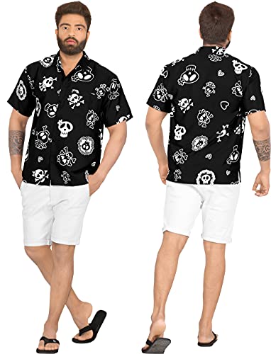 LA LEELA Casual Camisa de Hombre Hawaiana Manga Corta Bolsillo Delantero Playa Vintage Piratas Owl Esqueleto Calabaza Skulls Cráneo Cosplay Disfraces De Fiesta De Halloween Costume Negro_W188 4XL