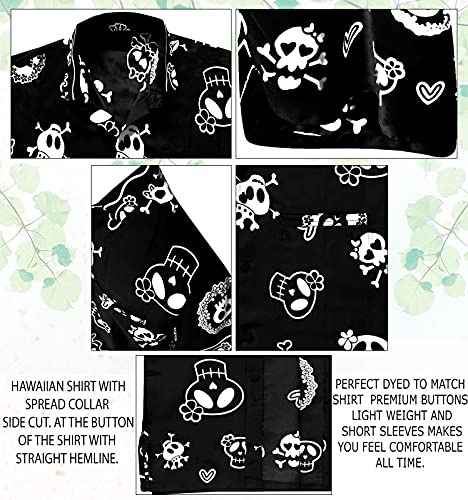 LA LEELA Casual Camisa de Hombre Hawaiana Manga Corta Bolsillo Delantero Playa Vintage Piratas Owl Esqueleto Calabaza Skulls Cráneo Cosplay Disfraces De Fiesta De Halloween Costume Negro_W188 4XL