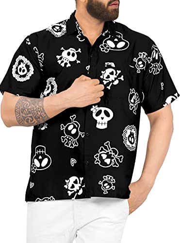 LA LEELA Casual Camisa de Hombre Hawaiana Manga Corta Bolsillo Delantero Playa Vintage Piratas Skeleton Esqueleto Calabaza Skulls Cráneo Cosplay Disfraces De Fiesta De Halloween Costume Negro_W188 L