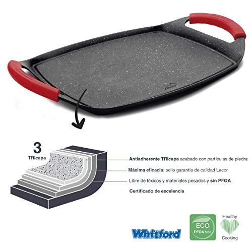 Lacor - 25536 - Plancha de Asar, Grill Eco Piedra, Compatibilidad: todo tipo de cocinas, Apta para inducción y horno, Recubrimiento antiadherente, Ecológica y libre de PFOA, 29 x 22,5 x 1,5 cm