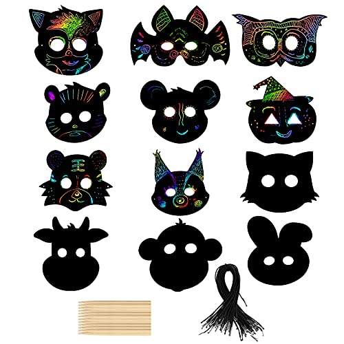 LAMEK 24 piezas Halloween Papel de Rascar, Máscara para Tarjetas de Rascar con Lápices de Madera Tablero de Dibujo de Rascar de Arco Iris Scratch Art Manualidades Creativas para Niños, 12 Diseños