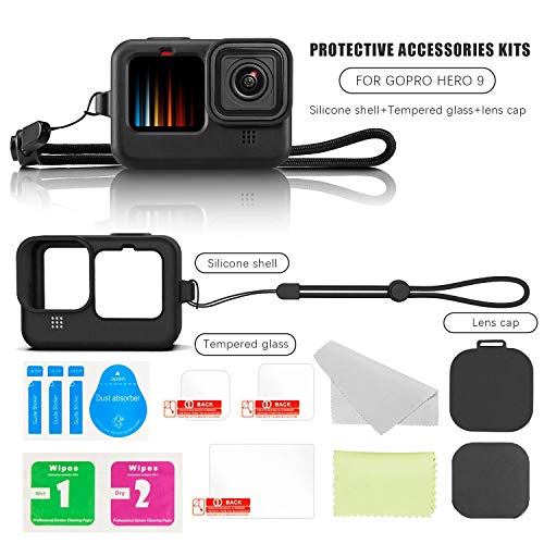 Lammcou Funda Protectora de Silicona de Repuesto para Hero 9 Hero10 Black + Protector de Pantalla de Vidrio Templado + Cubierta de Lente, Carcasa de Silicona Compatible con GoPro Hero 9 10