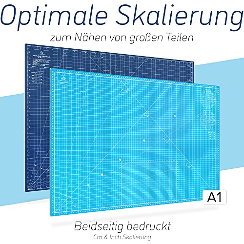 Lange & König Kit de Cuter Rotativo en 3 diferentes Tamaños [A1, A2, A3] incluye Base de Corte, Cortador Rotativo, 5 Cuchillas de Repuesto, Regla de Patchwork + 20 Pinzas Costura (Azul, A1)