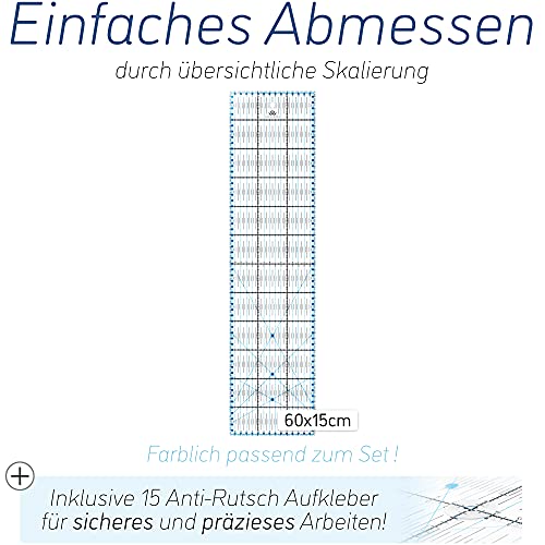 Lange & König Kit de Cuter Rotativo en 3 diferentes Tamaños [A1, A2, A3] incluye Base de Corte, Cortador Rotativo, 5 Cuchillas de Repuesto, Regla de Patchwork + 20 Pinzas Costura (Azul, A1)